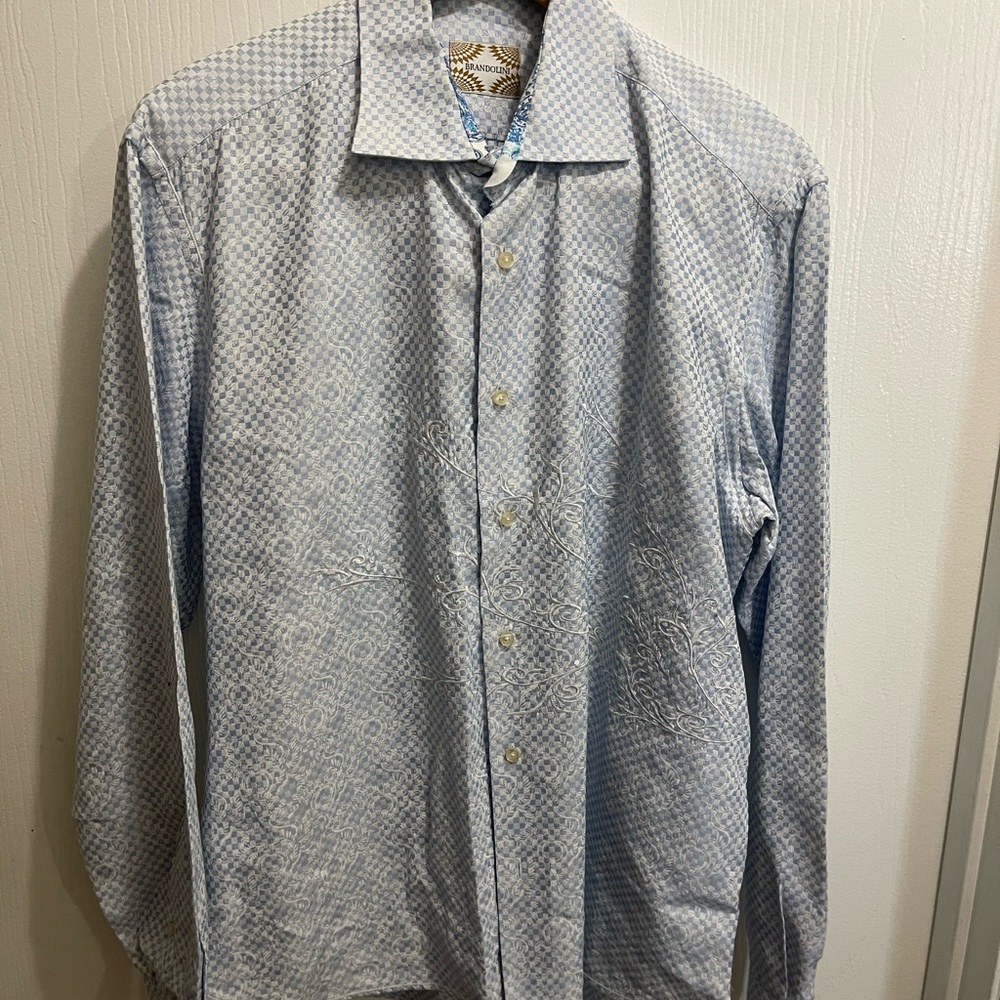 Brandolini Men's Blue Pinstripe Long Sleeve Embroidered Button Up Shirt Size L